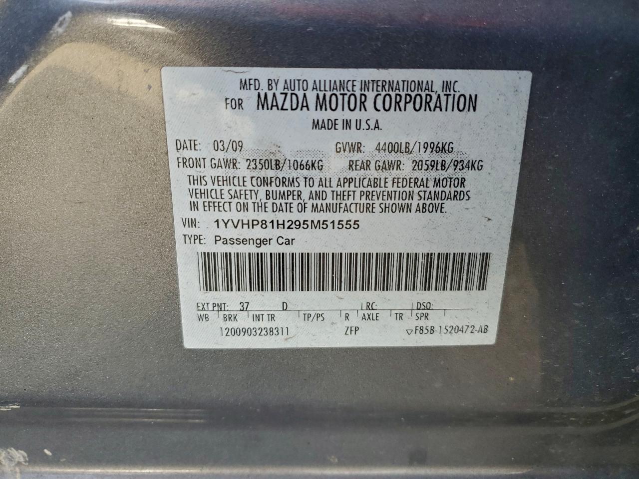 Lot #3311382327 2009 MAZDA 6 I