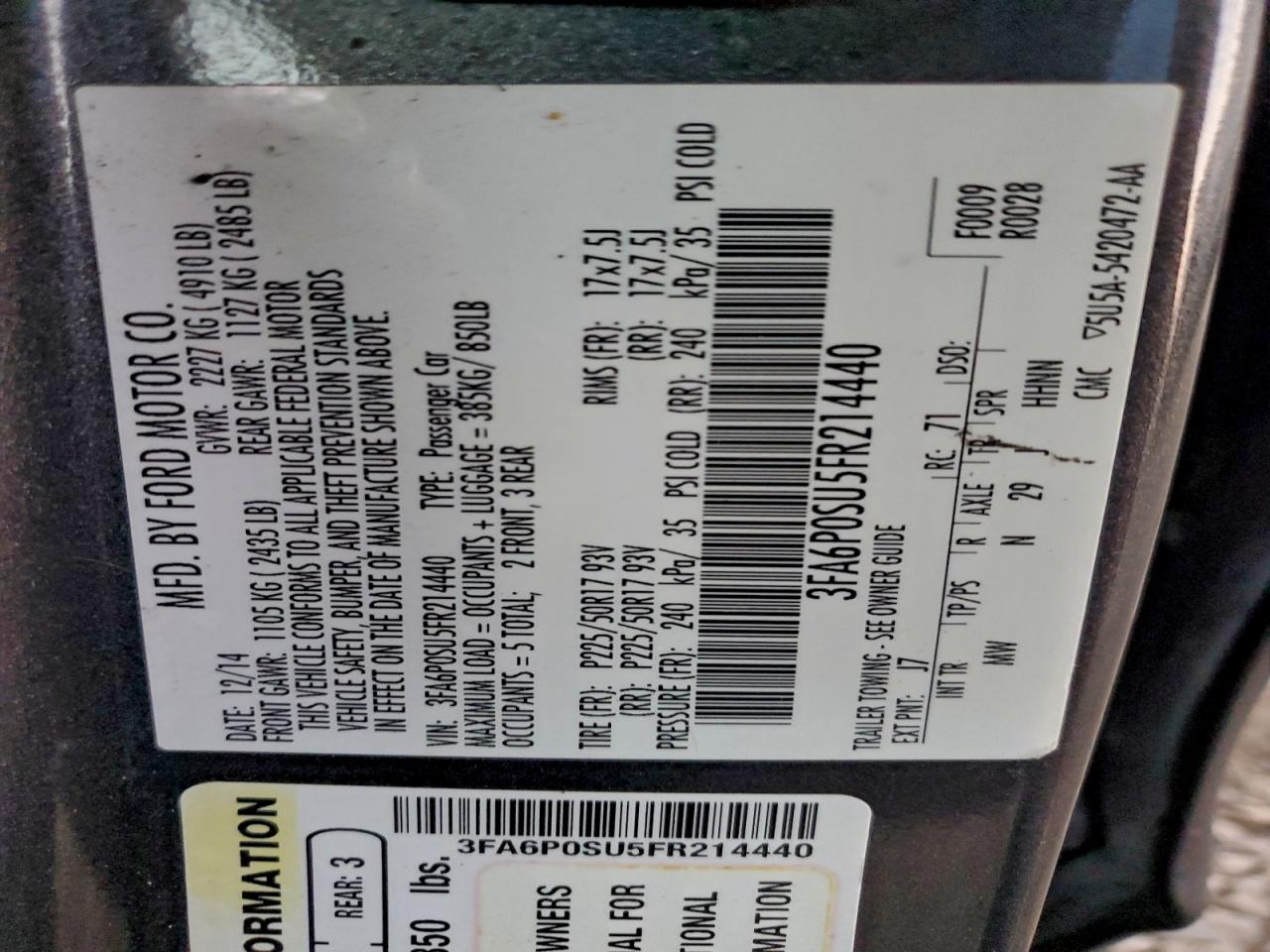 Lot #3315914082 2015 FORD FUSION TIT