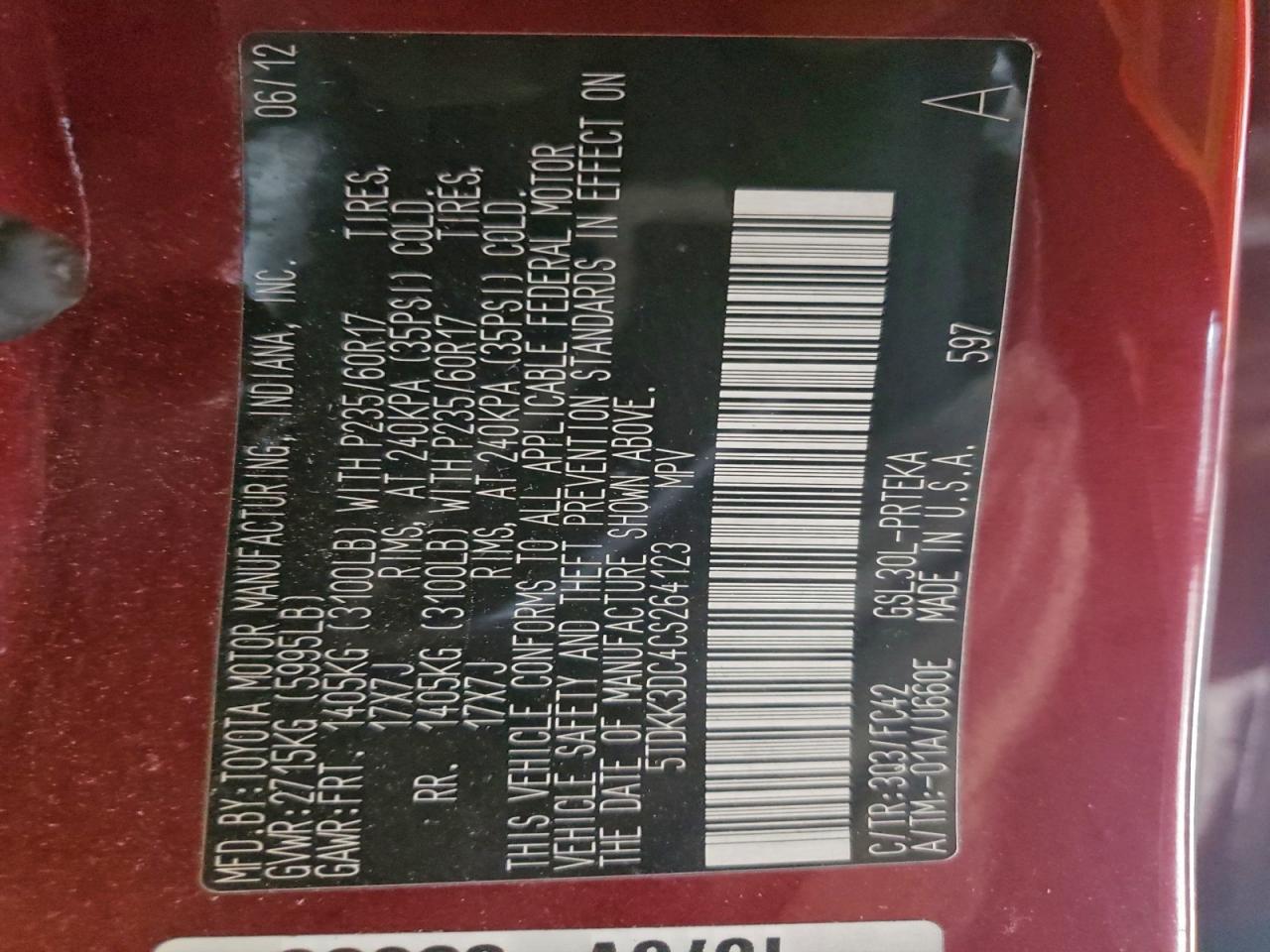 Lot #3315961240 2012 TOYOTA SIENNA LE