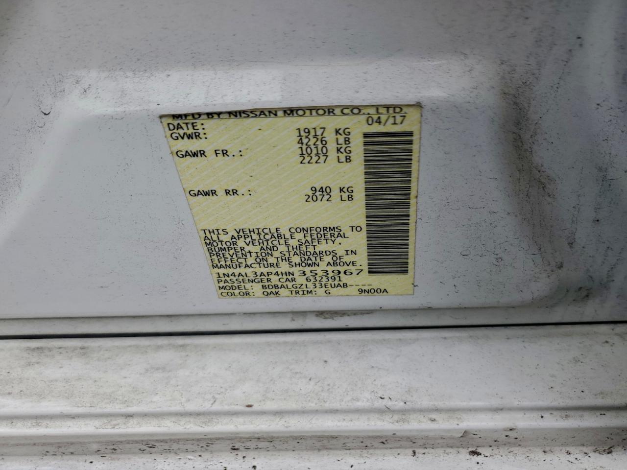 Lot #3317800073 2017 NISSAN ALTIMA 2.5