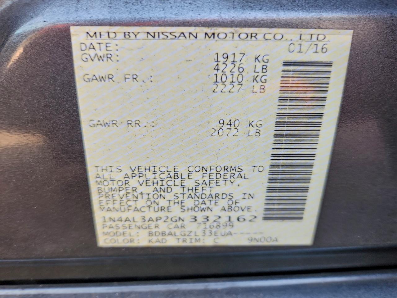 Lot #3316722424 2016 NISSAN ALTIMA 2.5