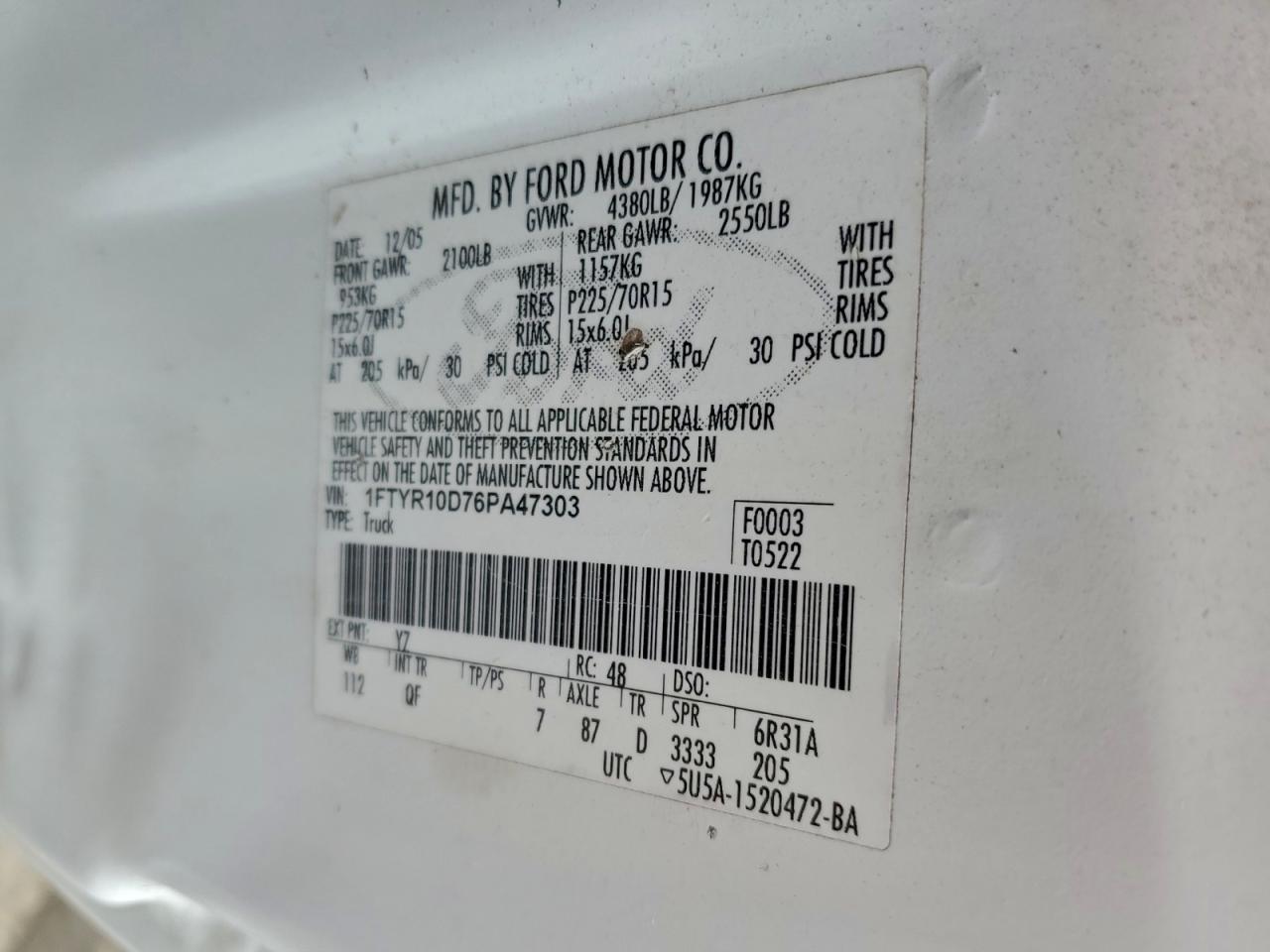 Lot #3305178021 2006 FORD RANGER