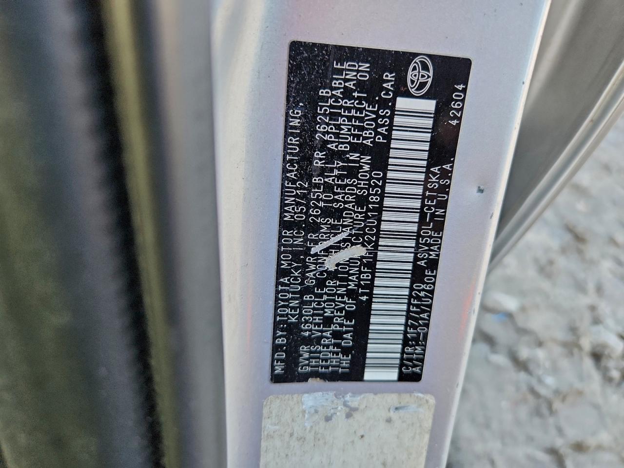 Lot #3305147020 2012 TOYOTA CAMRY BASE