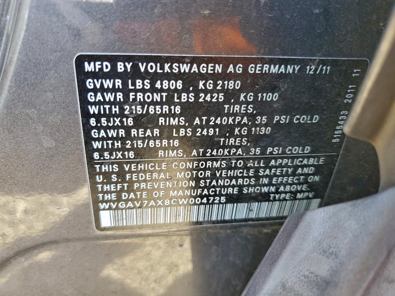 2012 VOLKSWAGEN TIGUAN S #3308360302