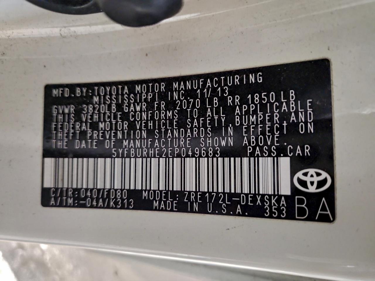 Lot #3311756797 2014 TOYOTA COROLLA L