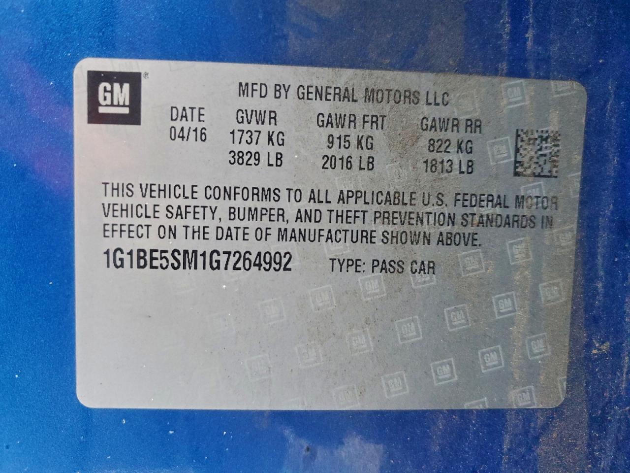 Lot #3310453351 2016 CHEVROLET CRUZE LT