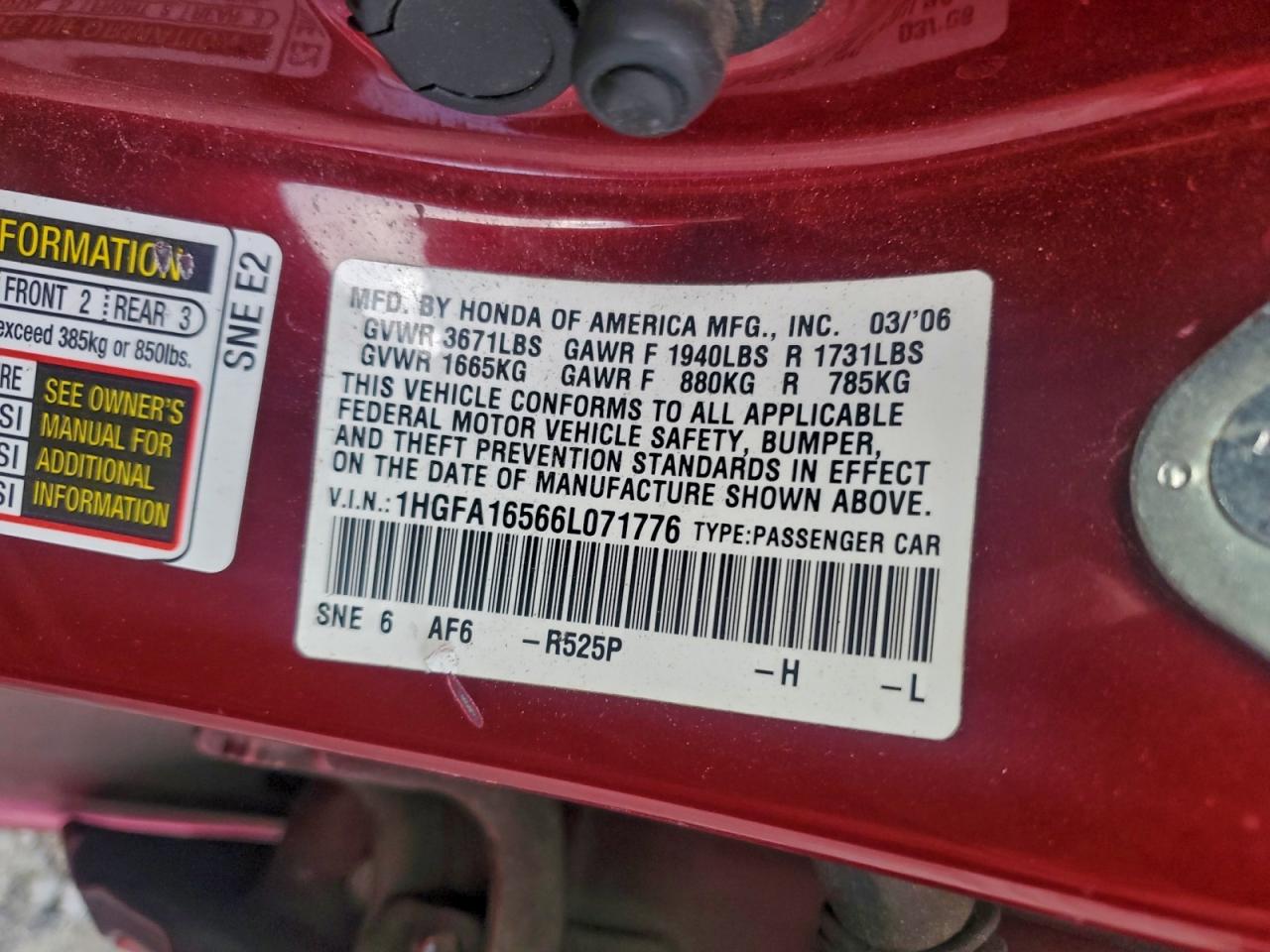 Lot #3309284615 2006 HONDA CIVIC LX