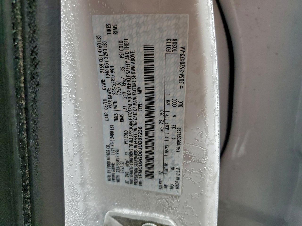 Lot #3315897114 2018 FORD ESCAPE SE