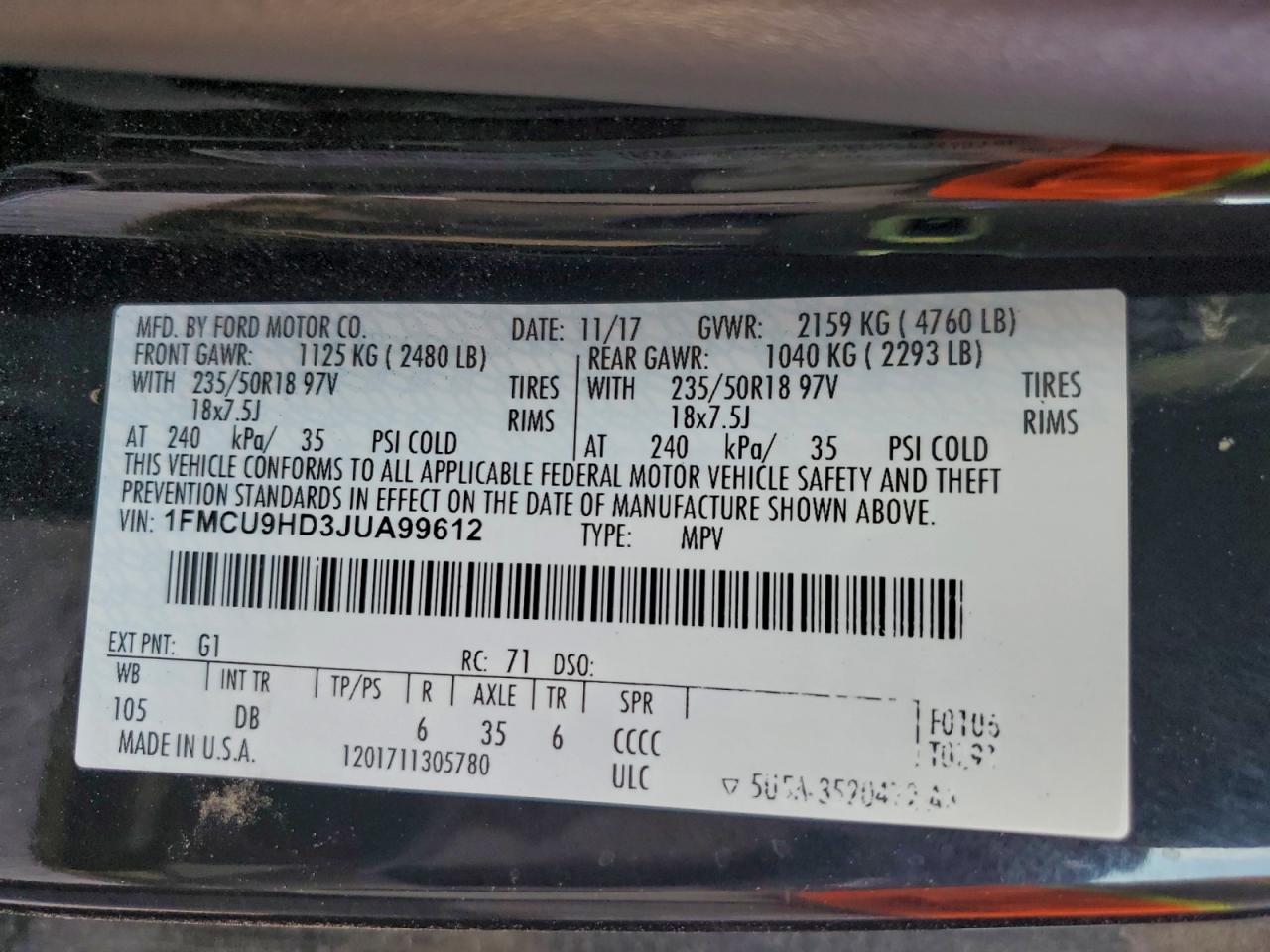 Lot #3316182897 2018 FORD ESCAPE SEL