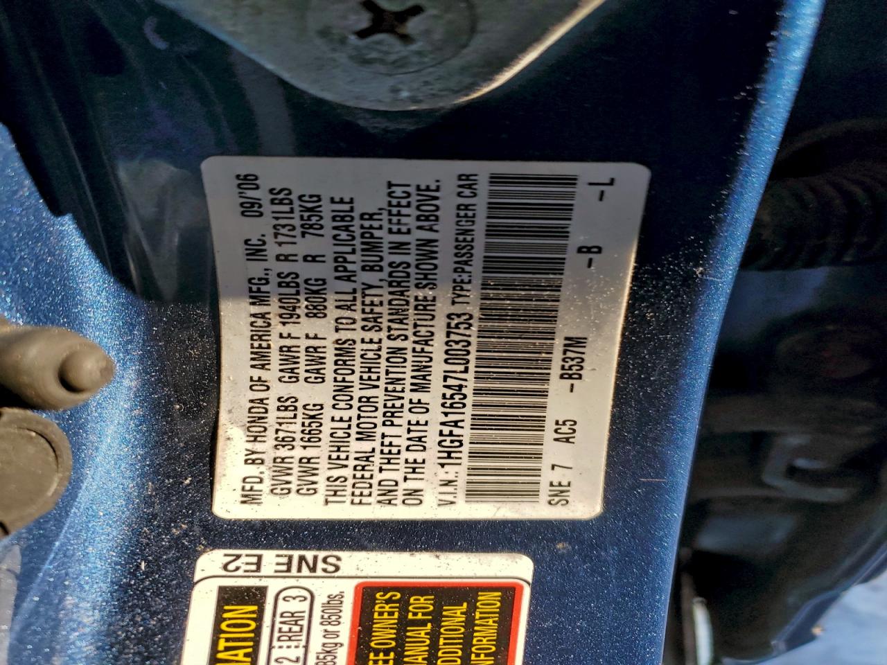 Lot #3316803423 2007 HONDA CIVIC LX