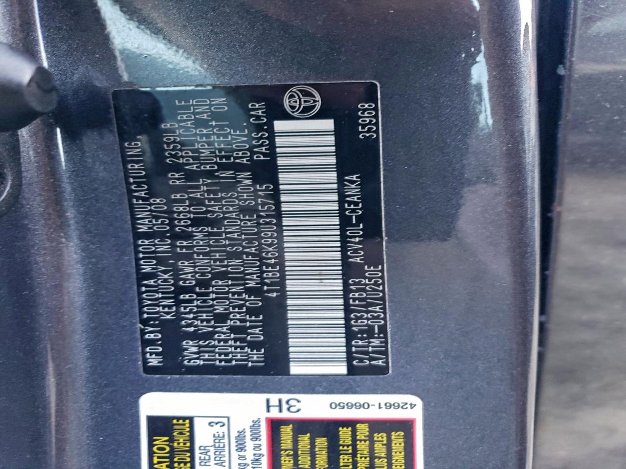 Lot #3302716007 2009 TOYOTA CAMRY BASE