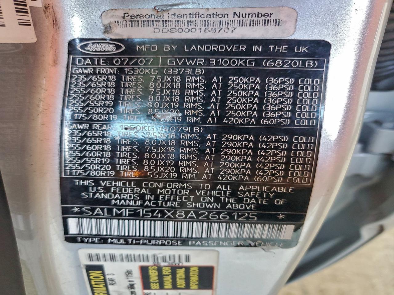 Lot #3315976115 2008 LAND ROVER RANGE ROVE