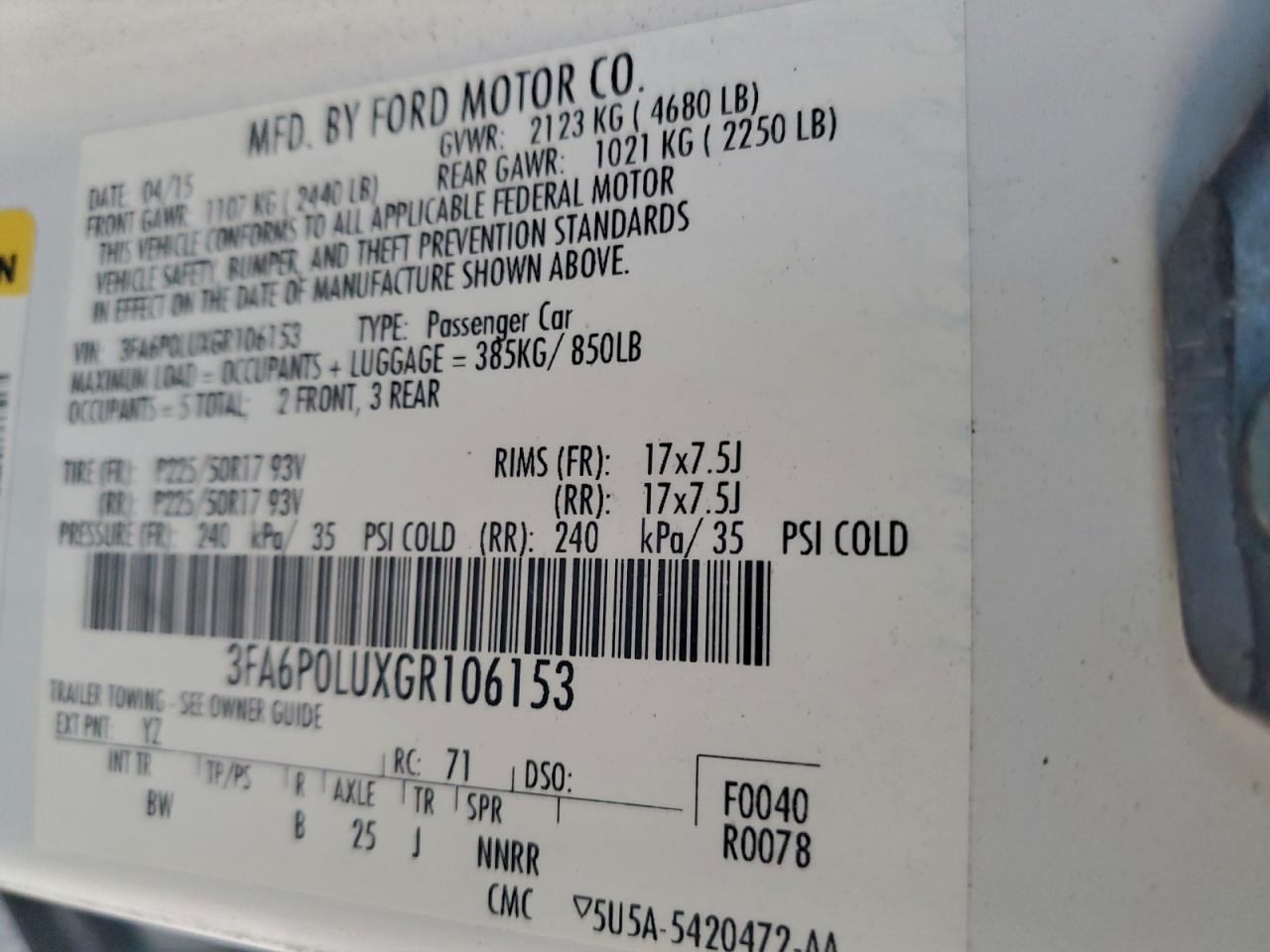 Lot #3309605613 2016 FORD FUSION SE