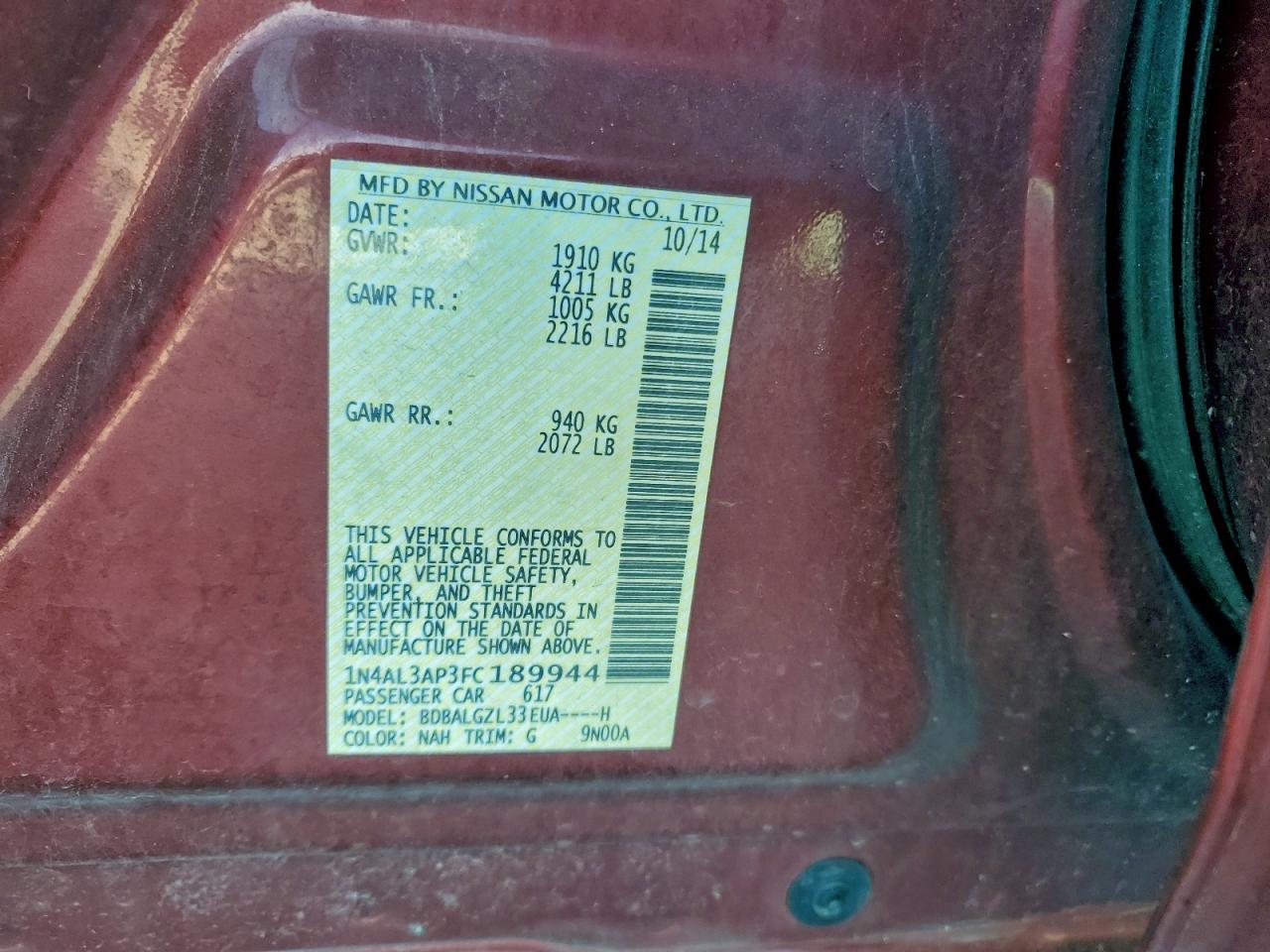 Lot #3311623296 2015 NISSAN ALTIMA 2.5