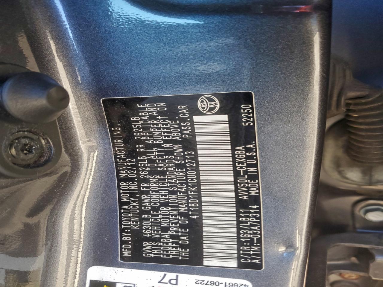 Lot #3308214302 2012 TOYOTA CAMRY HYBR